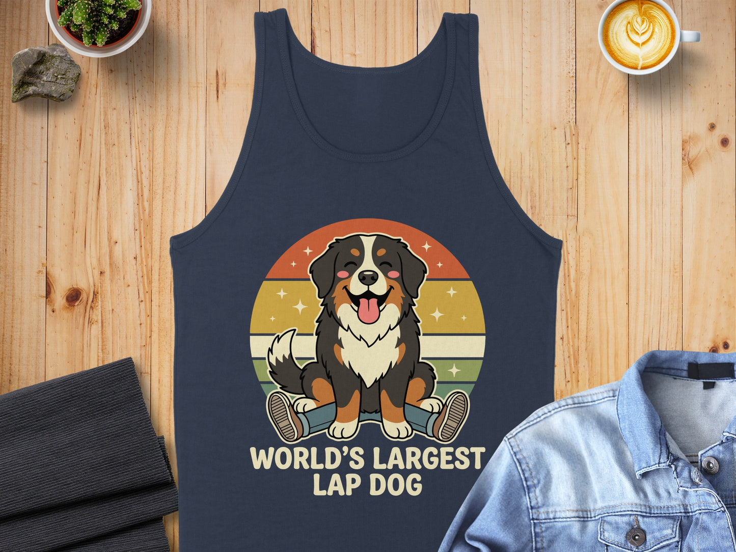 Navy tank top with a Bernese Mountain Dog graphic and text "WORLD'S LARGEST LAP DOG".