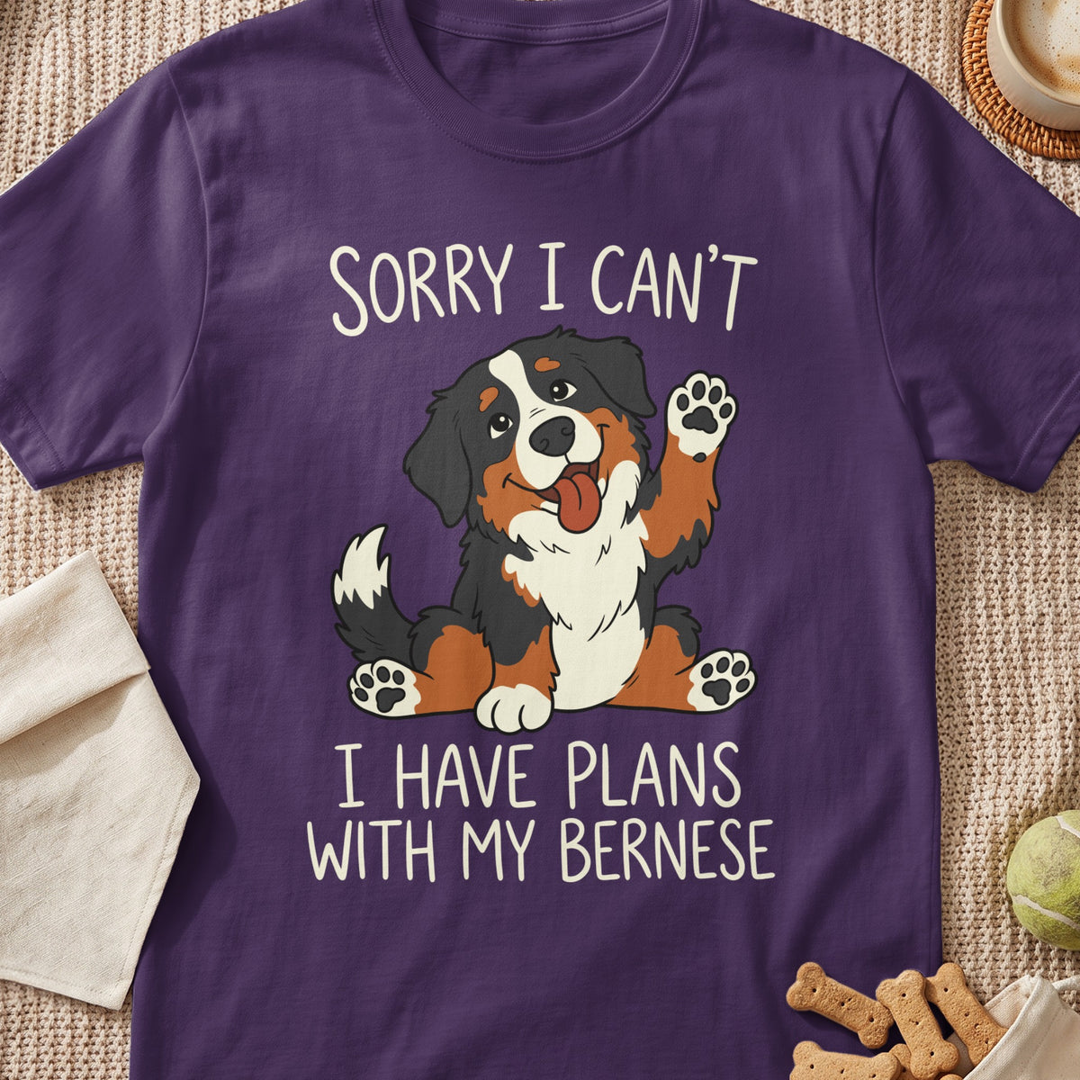 Purple t-shirt with cartoon Bernese Mountain Dog saying "Sorry I Can't, I Have Plans With My Bernese".