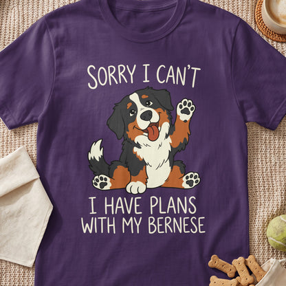 Purple t-shirt with cartoon Bernese Mountain Dog saying "Sorry I Can't, I Have Plans With My Bernese".