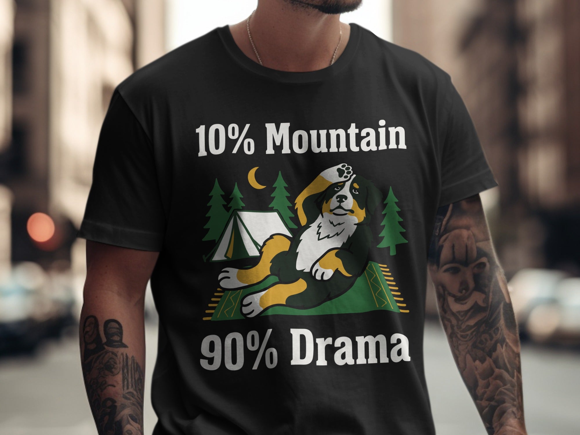 Black t-shirt with illustration of a dog and text "10% Mountain 90% Drama".
