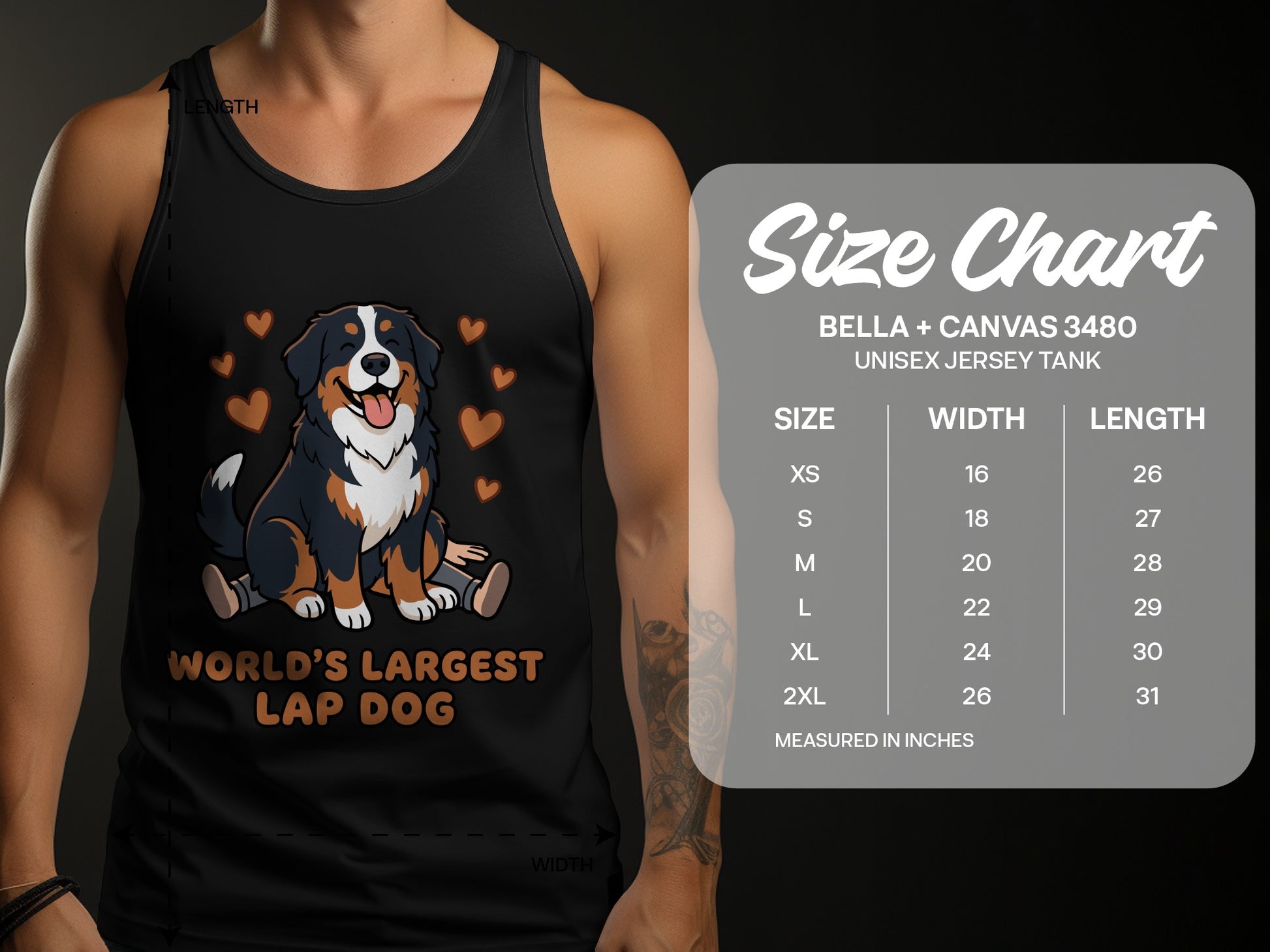Black tank top with a Bernese Mountain Dog graphic and size chart.