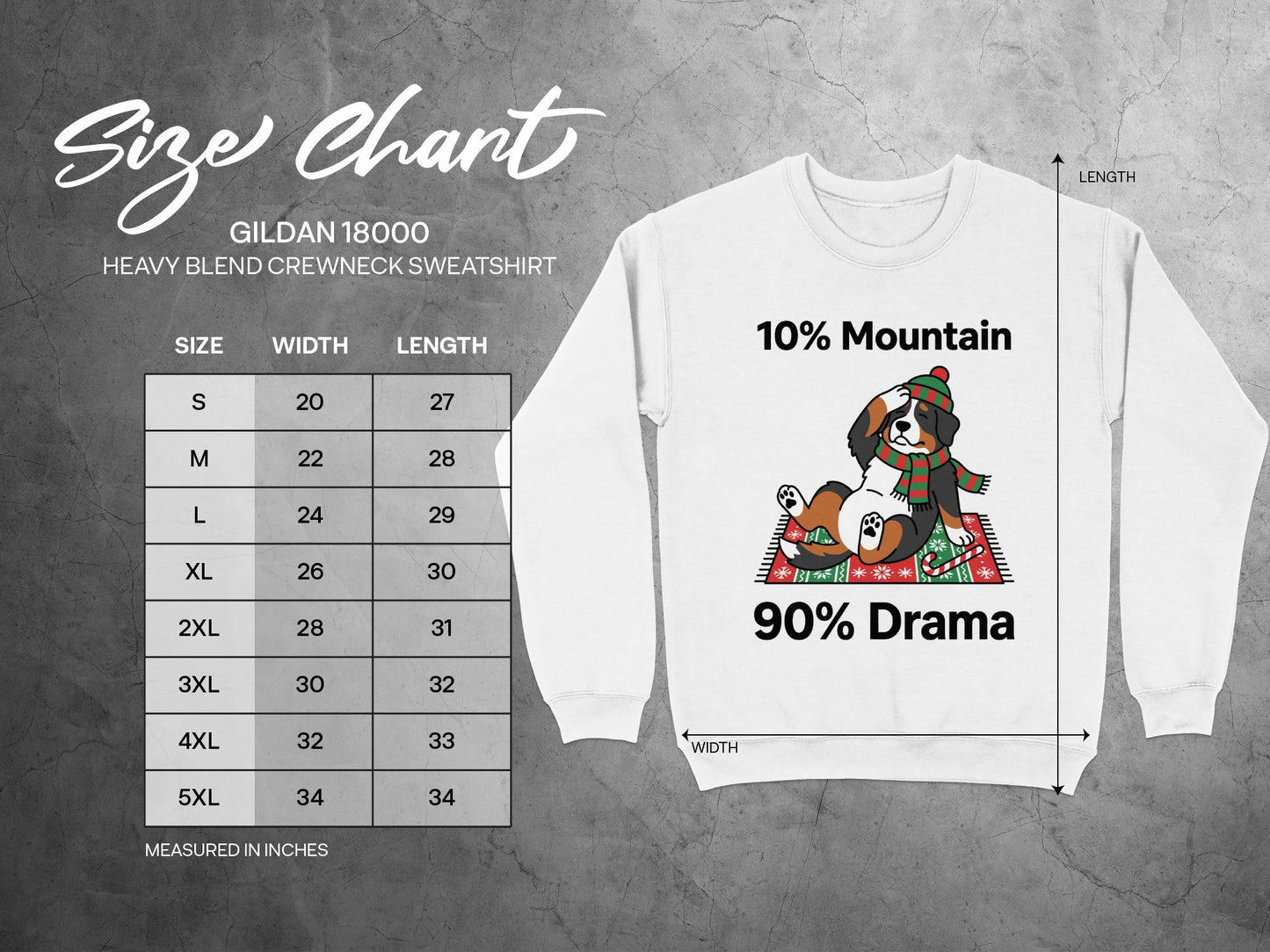 Gildan 18000 size chart with a Bernese mountain dog graphic and text.