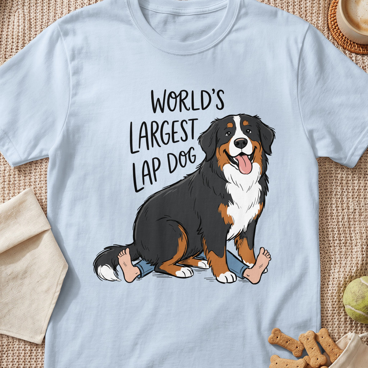 Bernese Mountain Dog with "World's Largest Lap Dog" text.