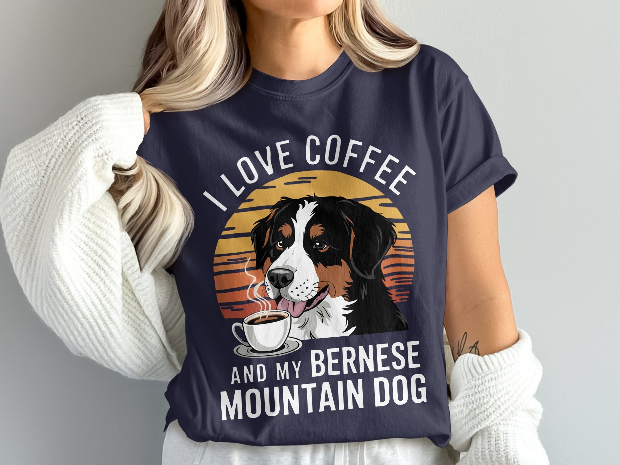Bernese Mountain Dog with coffee and text "I LOVE COFFEE AND MY BERNESE MOUNTAIN DOG".