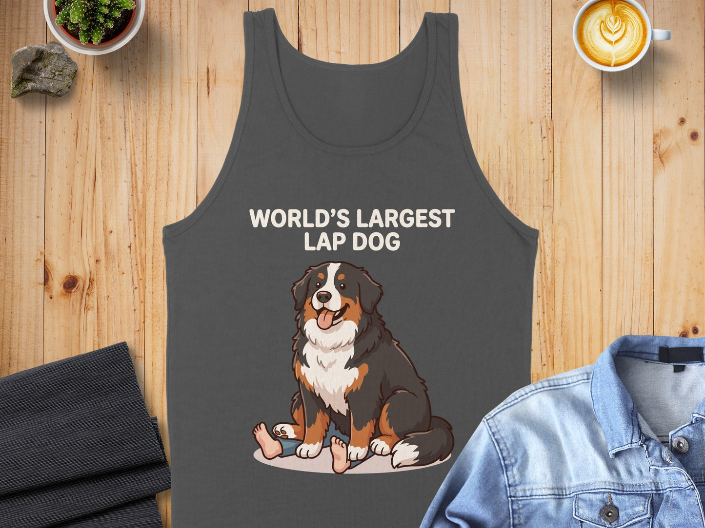 Grey tank top with "WORLD'S LARGEST LAP DOG" text and cartoon dog illustration.