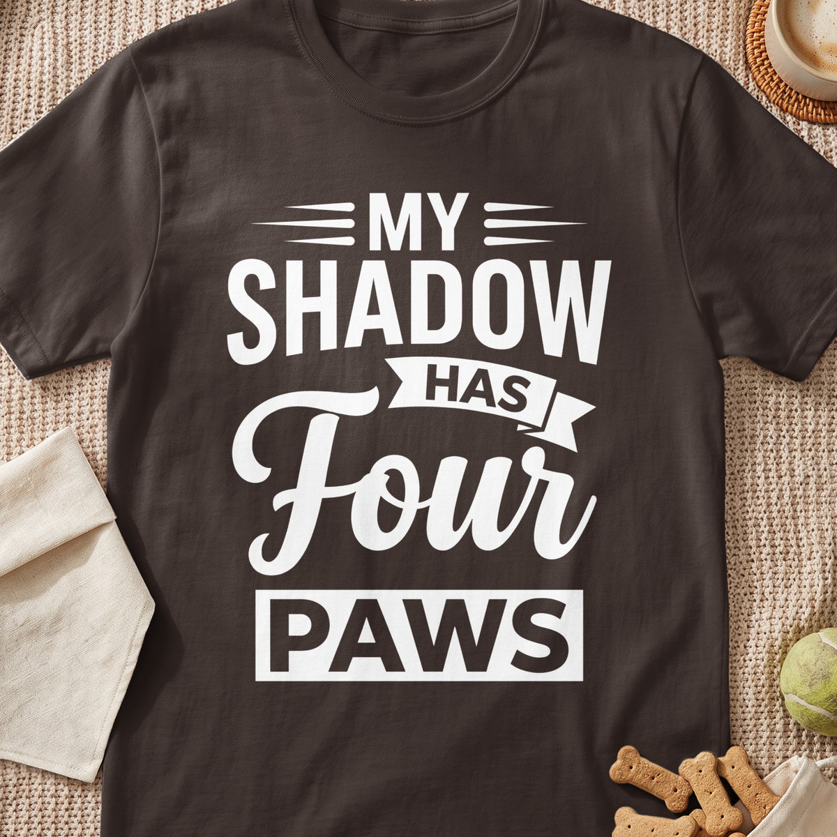 Brown t-shirt with white text: "My Shadow Has Four Paws."