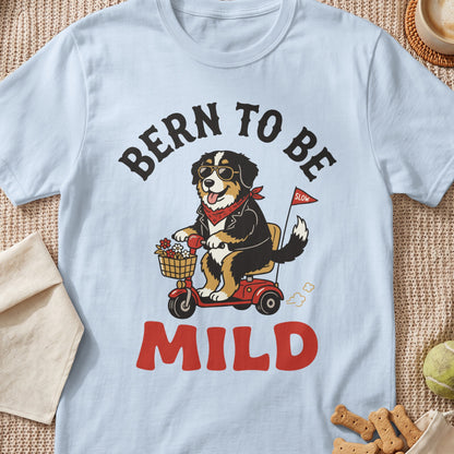 Bernese Mountain Dog on scooter with sunglasses, red bandana, and text "MILD".