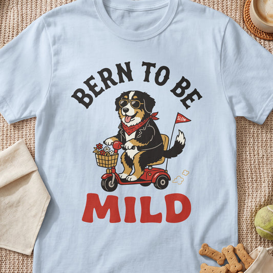 Bernese Mountain Dog on scooter with sunglasses, red bandana, and text "MILD".