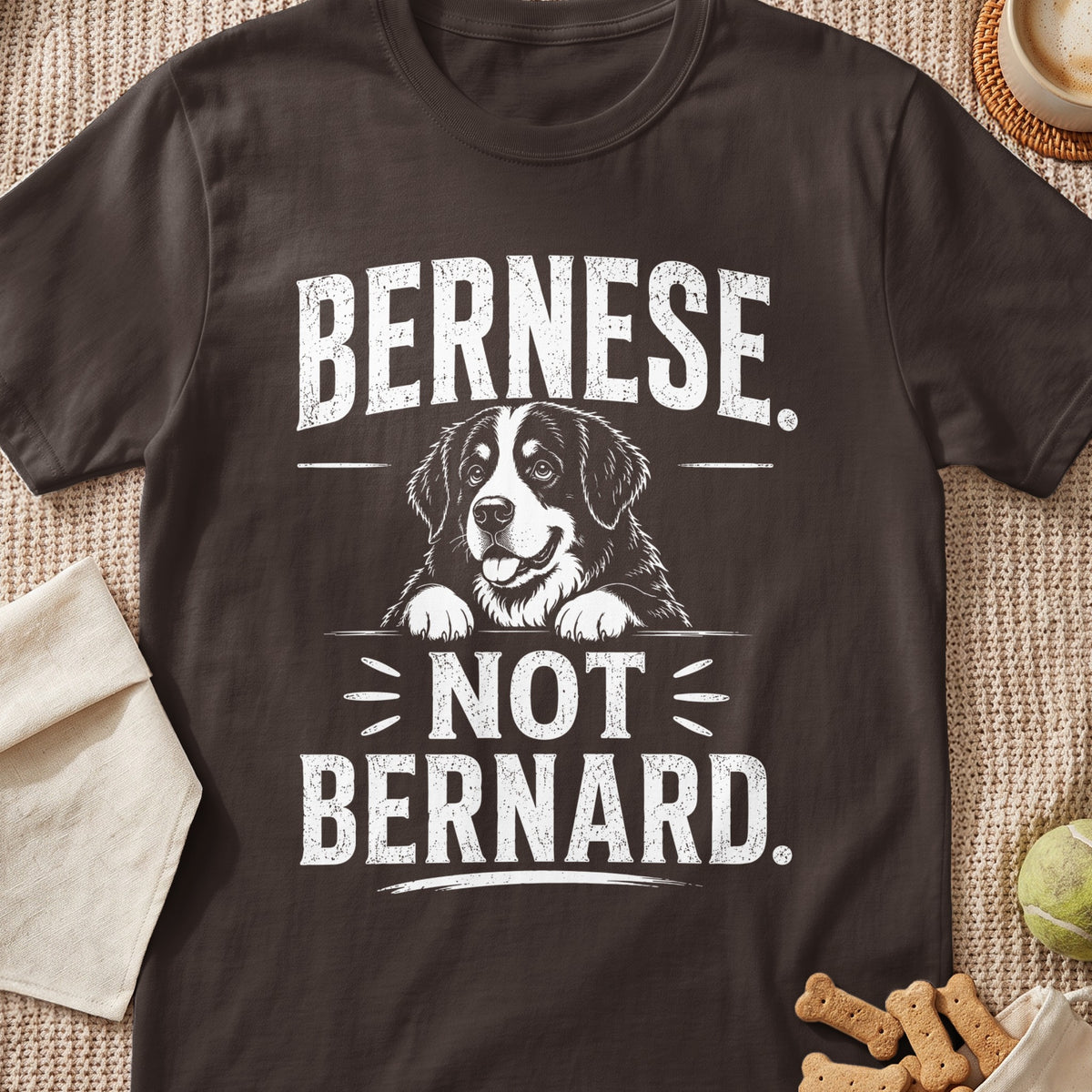 Bernese not Bernard graphic t-shirt with dog illustration and distressed text.