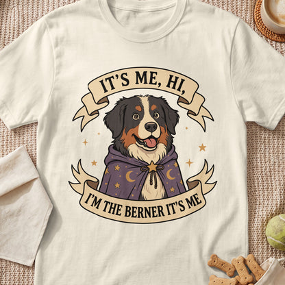 Bernese Mountain Dog wearing a wizard robe and cape with text "It's Me, Hi, I'm The Berner It's Me".