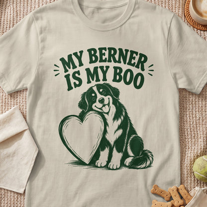 Bernese Mountain Dog with heart and text "MY BERNER IS MY BOO."