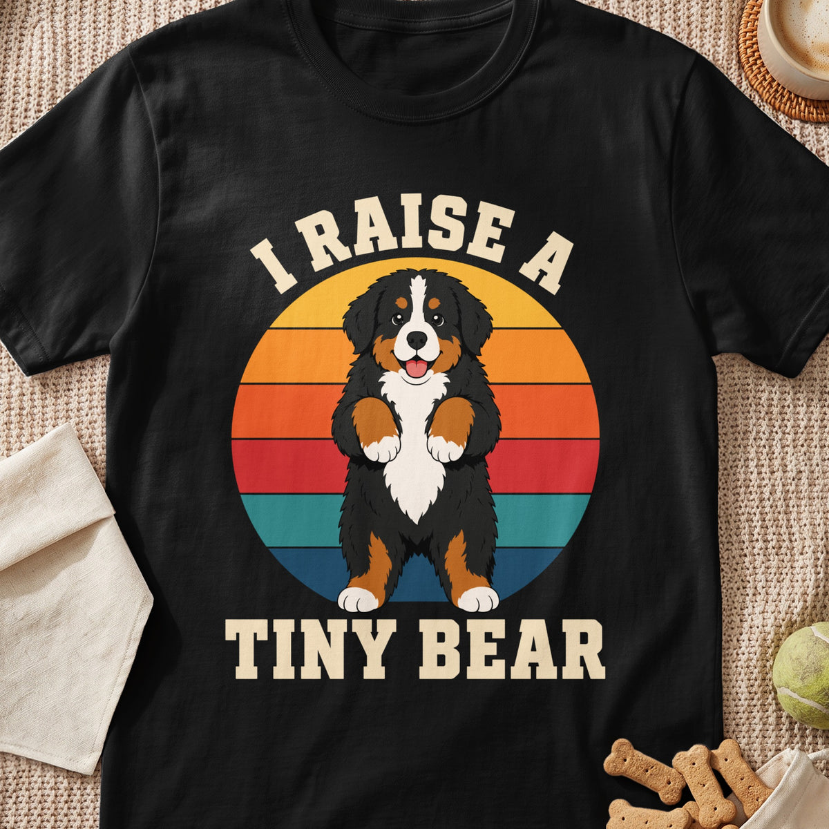 Bernese Mountain Dog with text "I RAISE A TINY BEAR" on a sunset background.