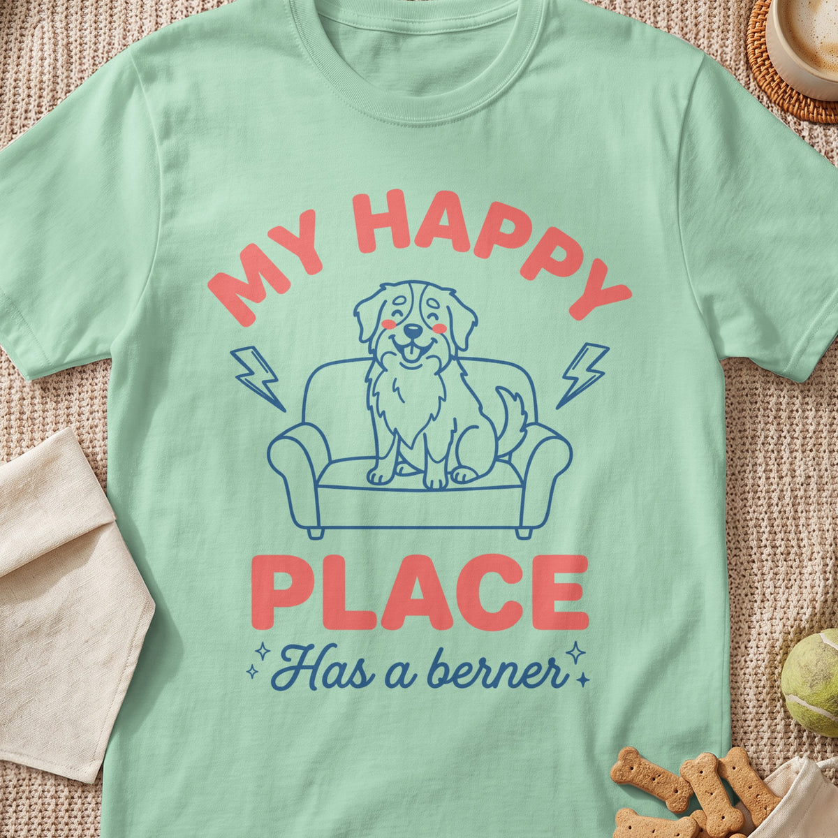 Light green t-shirt with "My Happy Place Has a berner" and a dog on a couch graphic.