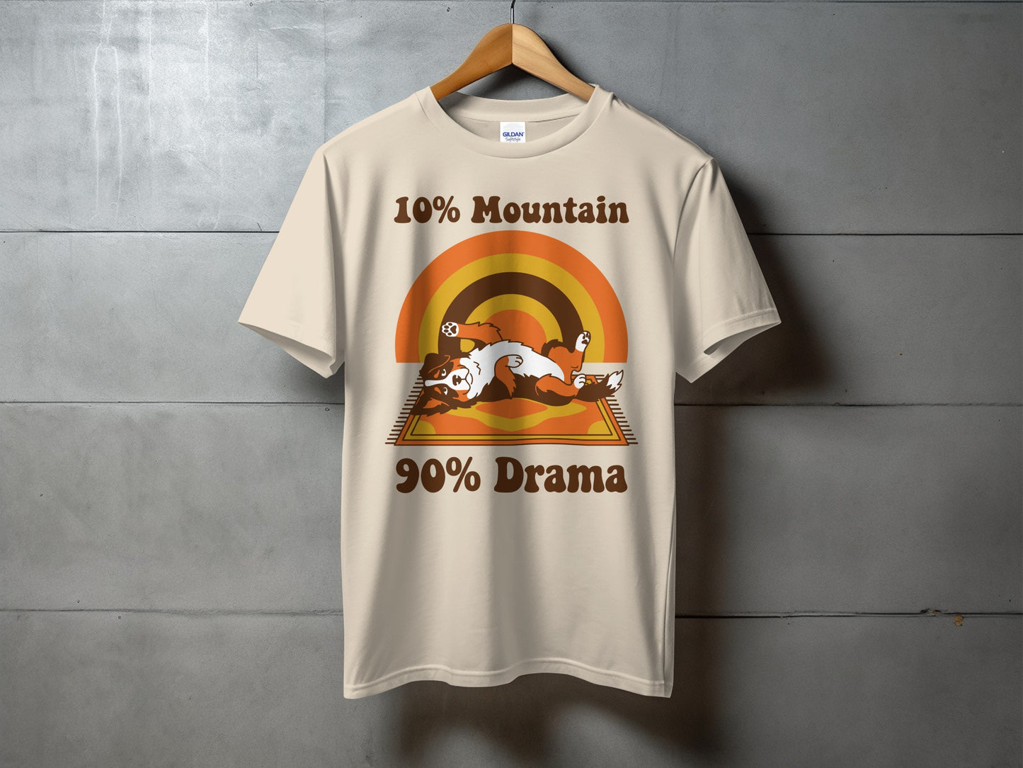 Cream t-shirt with vintage graphic of dog and text "10% Mountain 90% Drama".