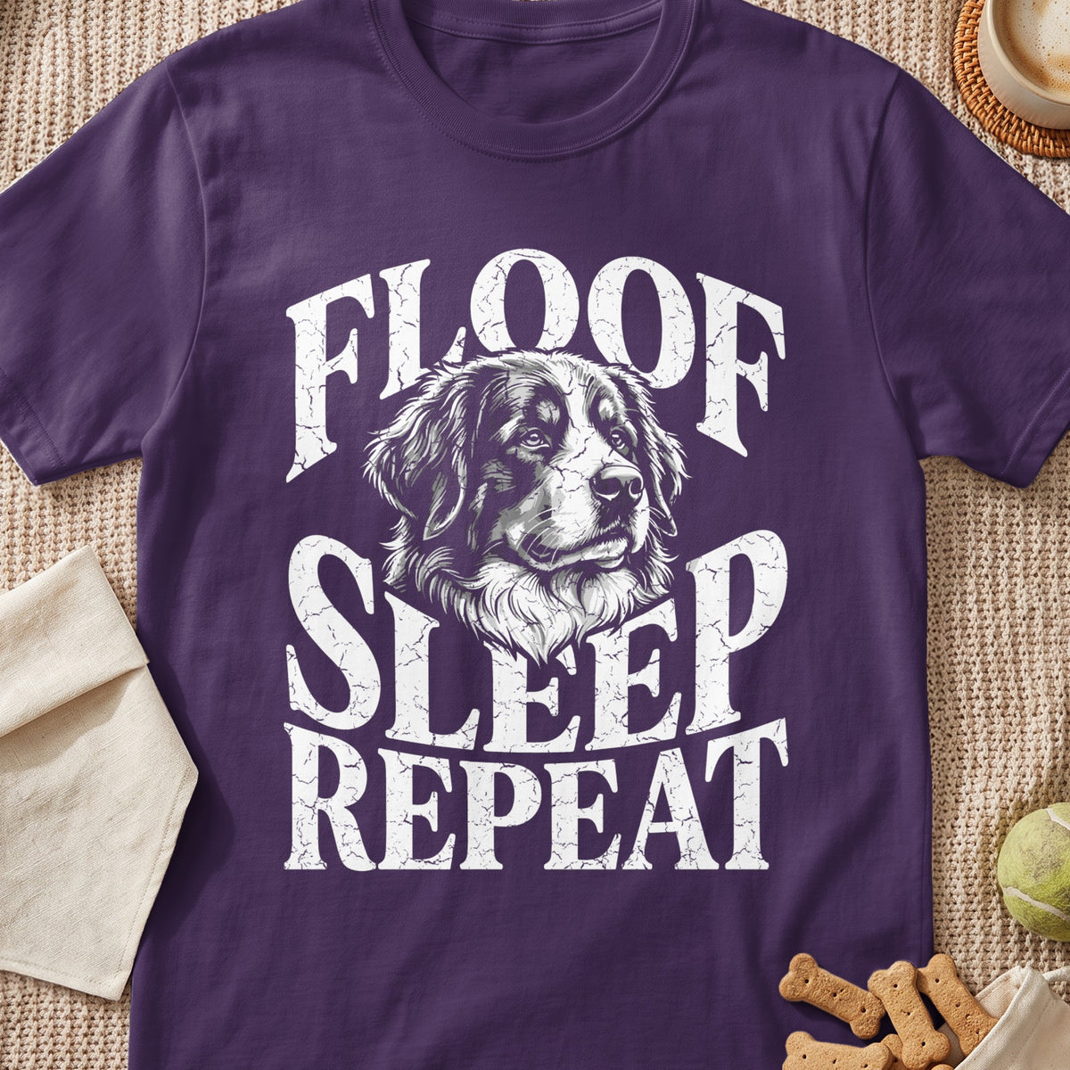 Purple t-shirt with white distressed text "FLOOF SLEEP REPEAT" and dog graphic.