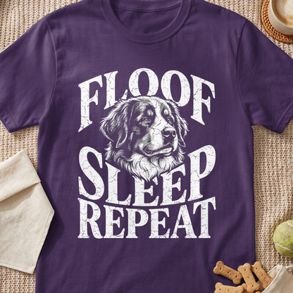 Purple t-shirt with white distressed text "FLOOF SLEEP REPEAT" and dog graphic.