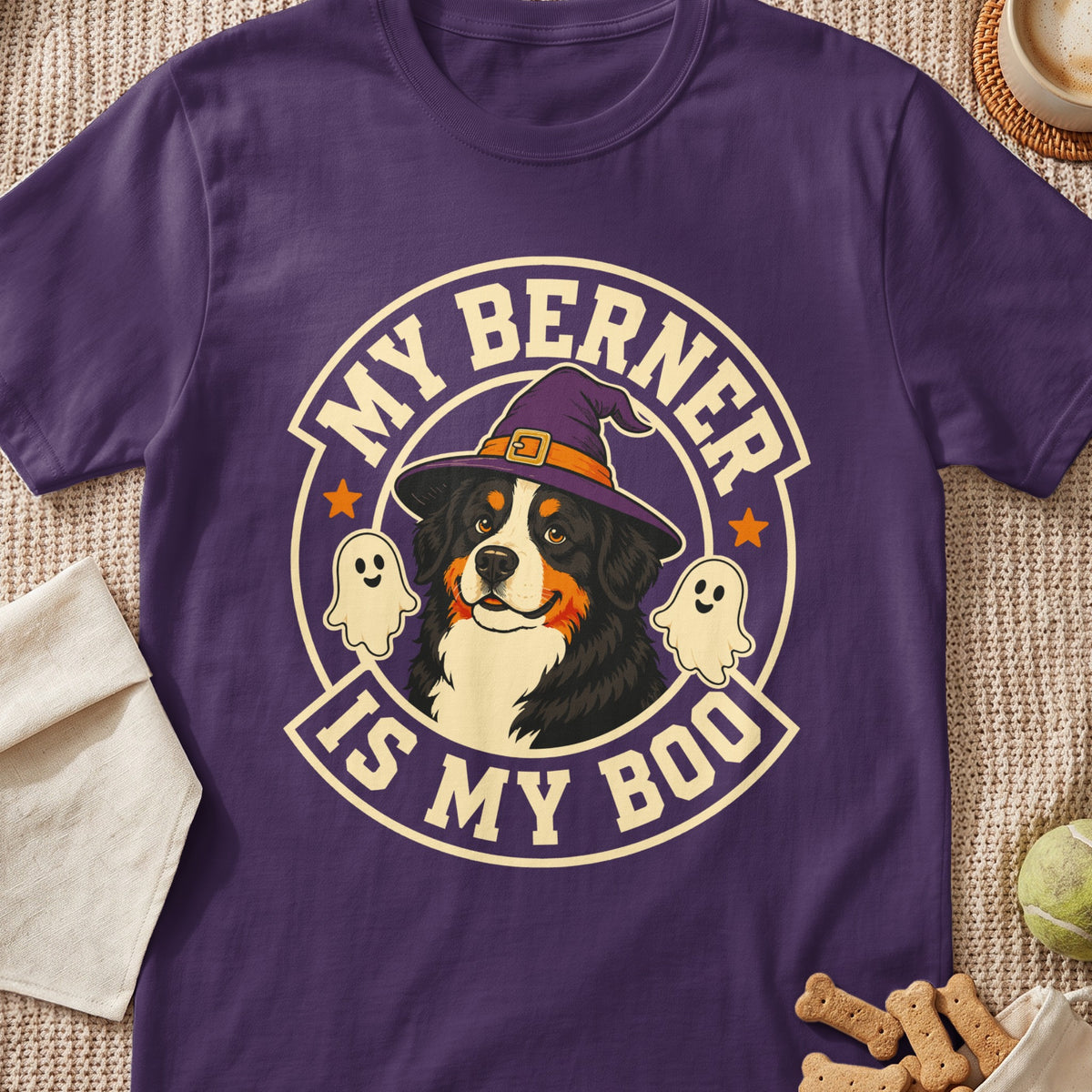 Bernese Mountain Dog wearing witch hat with text "My Berner Is My Boo" and ghosts.