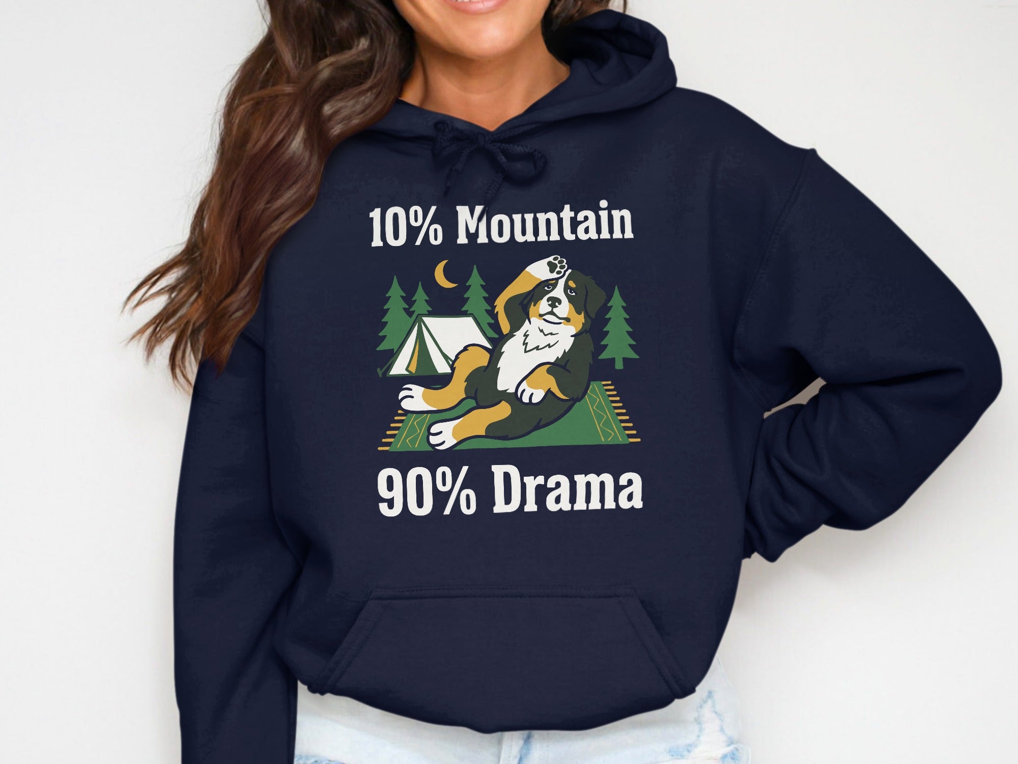 Bernese Mountain Dog graphic with text "10% Mountain 90% Drama" on a navy hoodie.