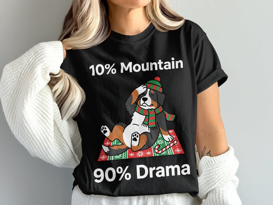 Black t-shirt with "10% Mountain 90% Drama" text and cartoon Bernese Mountain Dog.