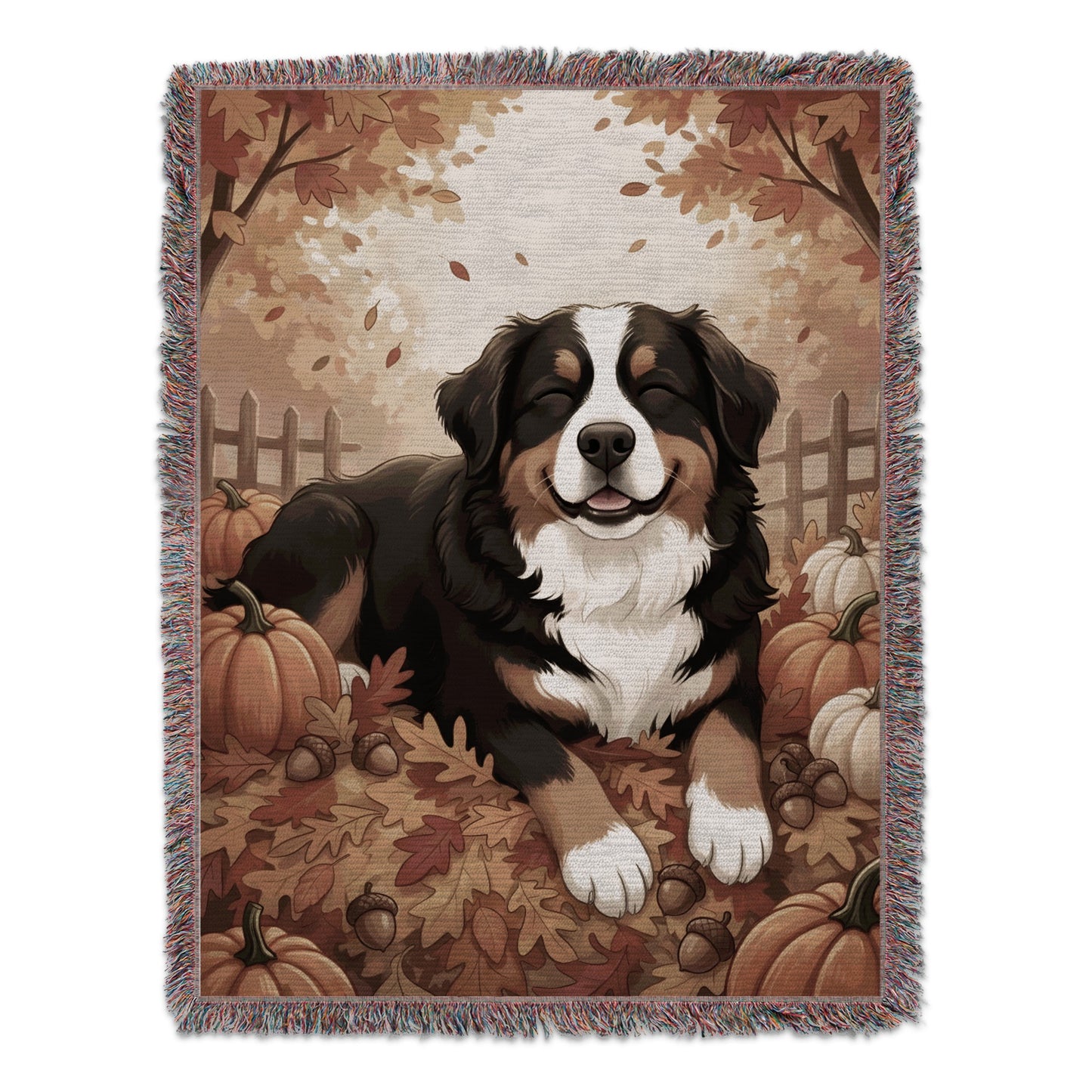 Cozy Autumn Scene with Happy Dog Blanket