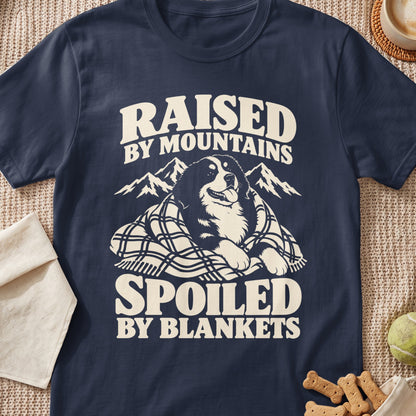 Bernese mountain dog wrapped in plaid blanket with text "Raised by Mountains Spoiled by Blankets."
