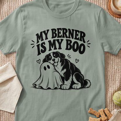 T-shirt with text "MY BERNER IS MY BOO" and a dog hugging a ghost.