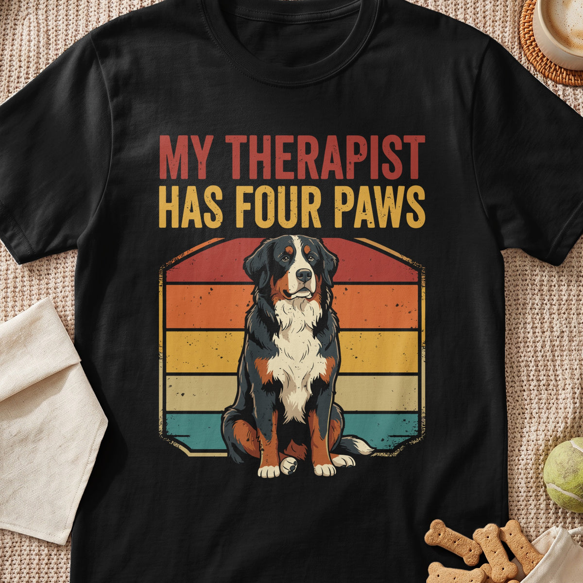 Bernese Mountain Dog graphic with text "MY THERAPIST HAS FOUR PAWS".