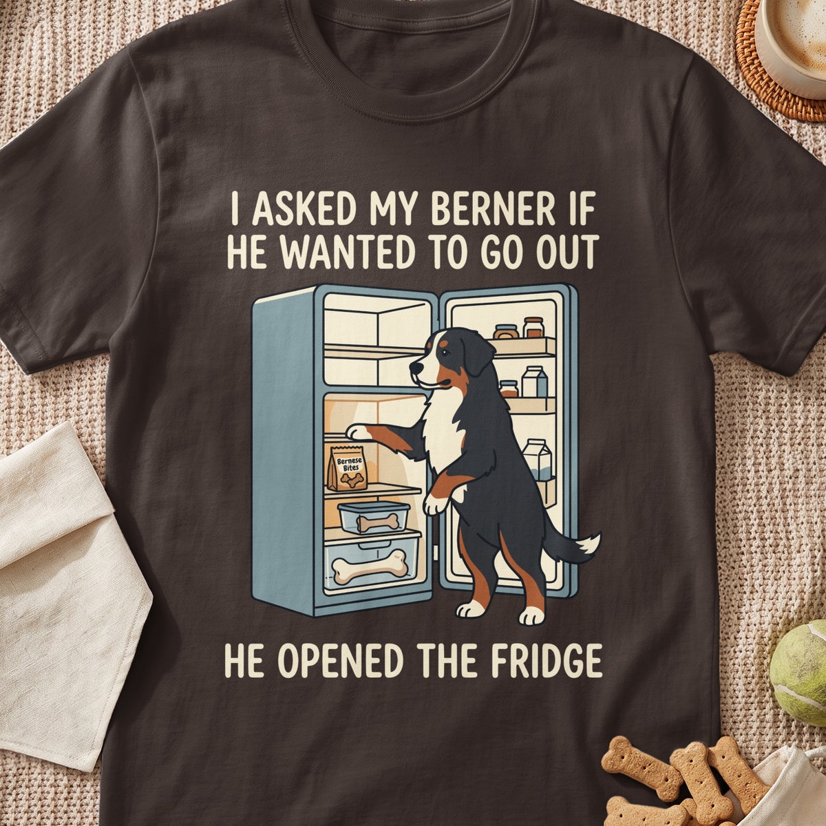 Bernese Mountain Dog opening a fridge with dog treats, with text "I asked my Berner if he wanted to go out".