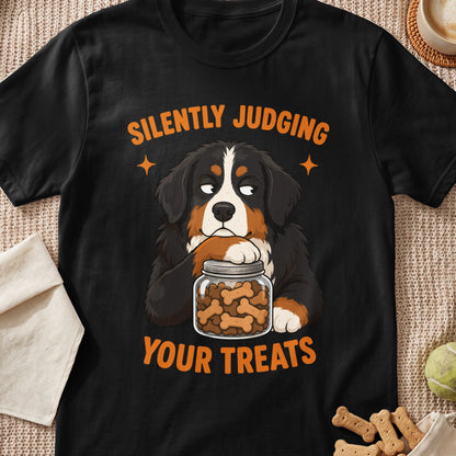 Bernese Mountain Dog with jar of treats, text "Silently Judging Your Treats".