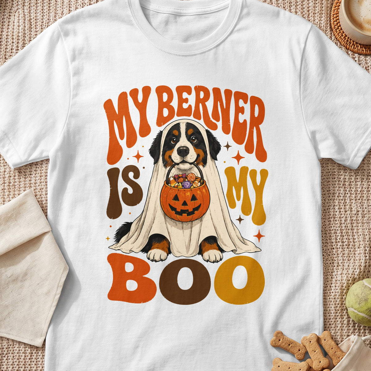 Bernese Mountain Dog dressed as a ghost holding a pumpkin candy bucket, text reads "My Berner is My Boo".