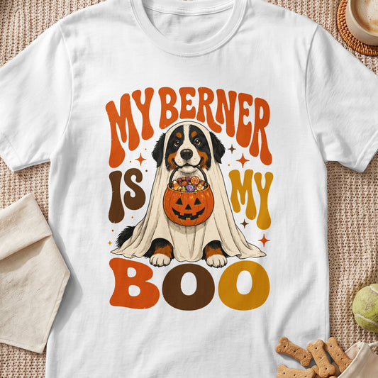 Bernese Mountain Dog dressed as a ghost holding a pumpkin candy bucket, text reads "My Berner is My Boo".