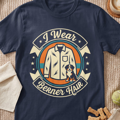 I Wear Berner Hair graphic on a navy t-shirt with a dog and shirt illustration.