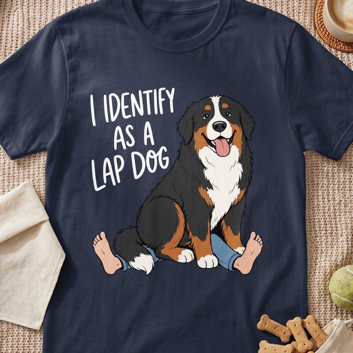 Bernese Mountain Dog sitting on human legs with text "I IDENTIFY AS A LAP DOG".