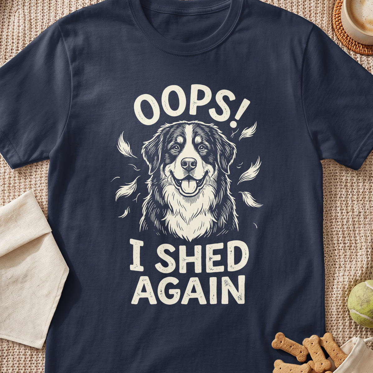 Navy t-shirt with text "OOPS! I SHED AGAIN" and a dog illustration.