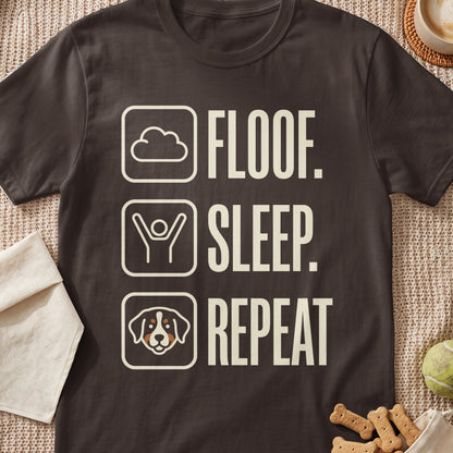 Brown t-shirt with "FLOOF. SLEEP. REPEAT." text and icons.