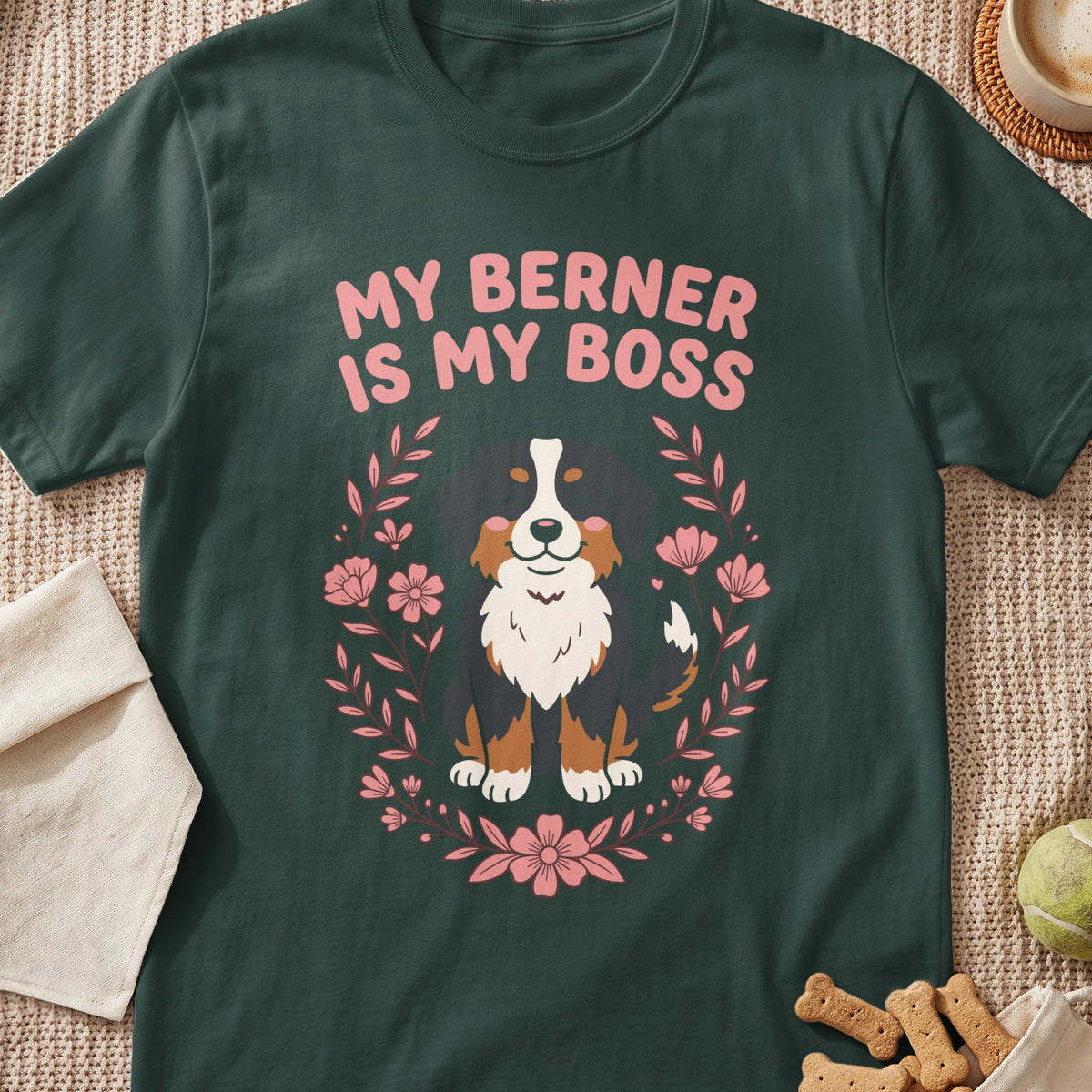 Dark green t-shirt with pink text "MY BERNER IS MY BOSS" and a floral wreath around a Bernese Mountain Dog.