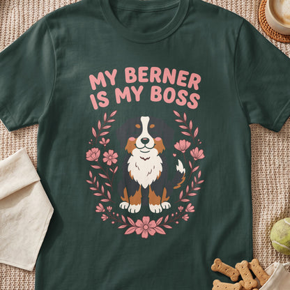 Dark green t-shirt with pink text "MY BERNER IS MY BOSS" and a floral wreath around a Bernese Mountain Dog.