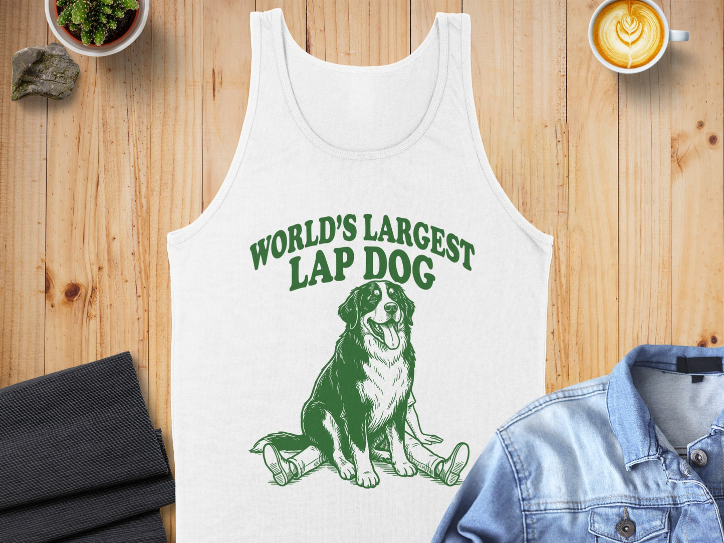 White tank top with "WORLD'S LARGEST LAP DOG" and dog graphic.
