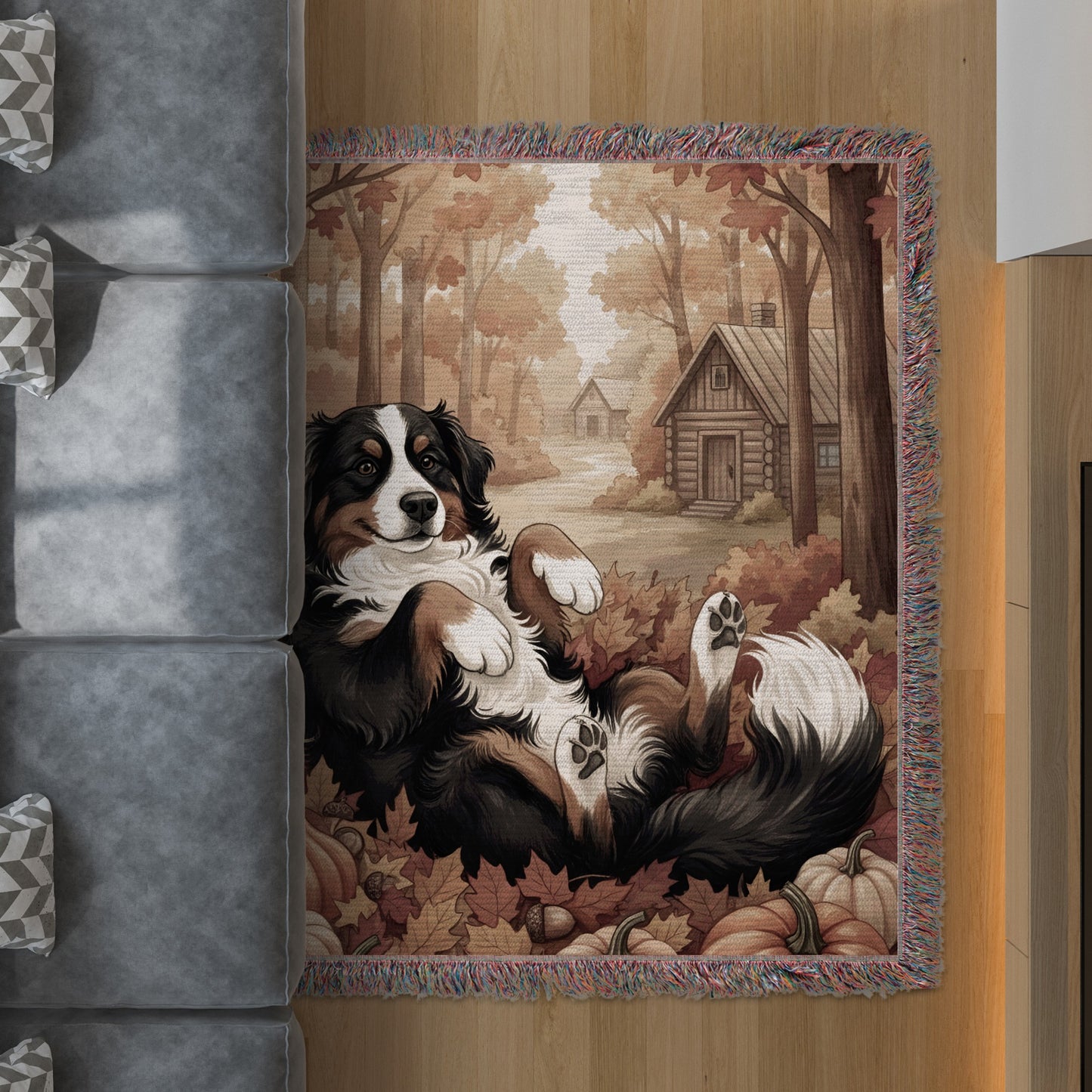 Cozy Cabin Scene with Playful Dog Accent Rug