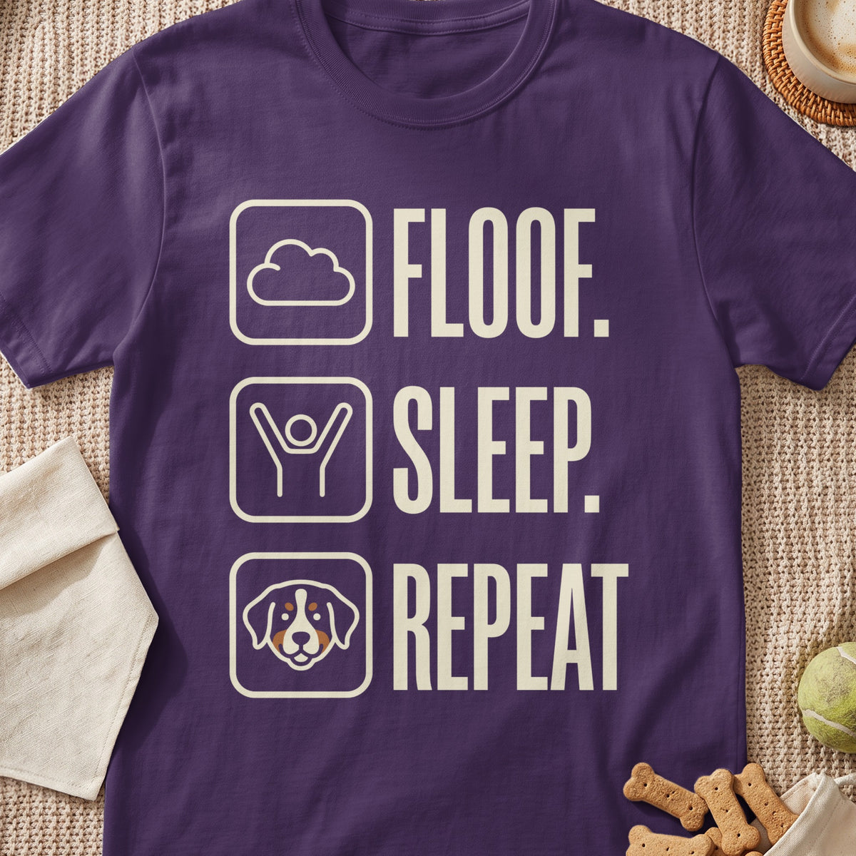 Purple t-shirt with text: FLOOF. SLEEP. REPEAT. and icons.