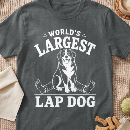 T-shirt with "World's Largest Lap Dog" text and a dog sitting on human legs.