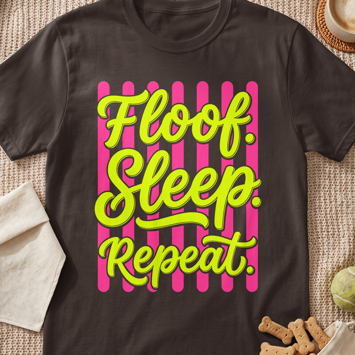Dark t-shirt with neon green text "Floof Sleep Repeat" on pink stripes.