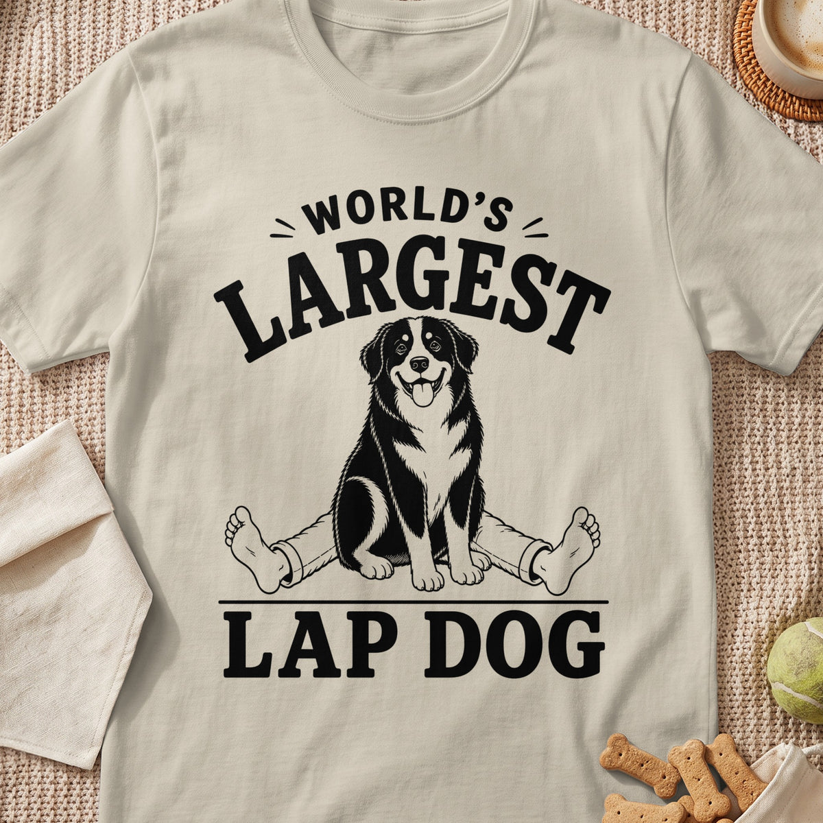 T-shirt graphic with text "World's Largest Lap Dog" and a seated dog.