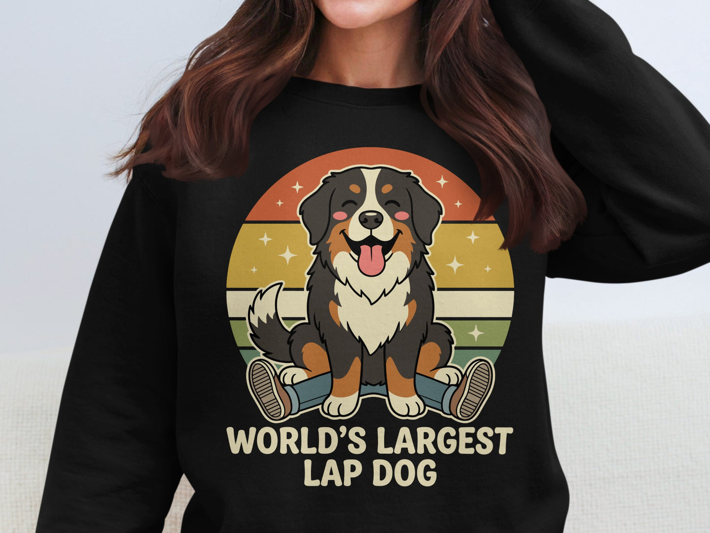 Bernese Mountain Dog graphic on black shirt with text "WORLD'S LARGEST LAP DOG".