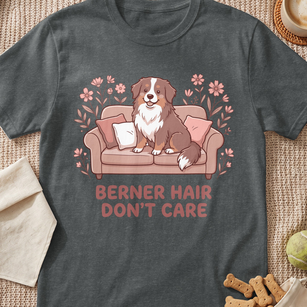 Berner dog on couch with flowers and text "Berner Hair Don't Care".