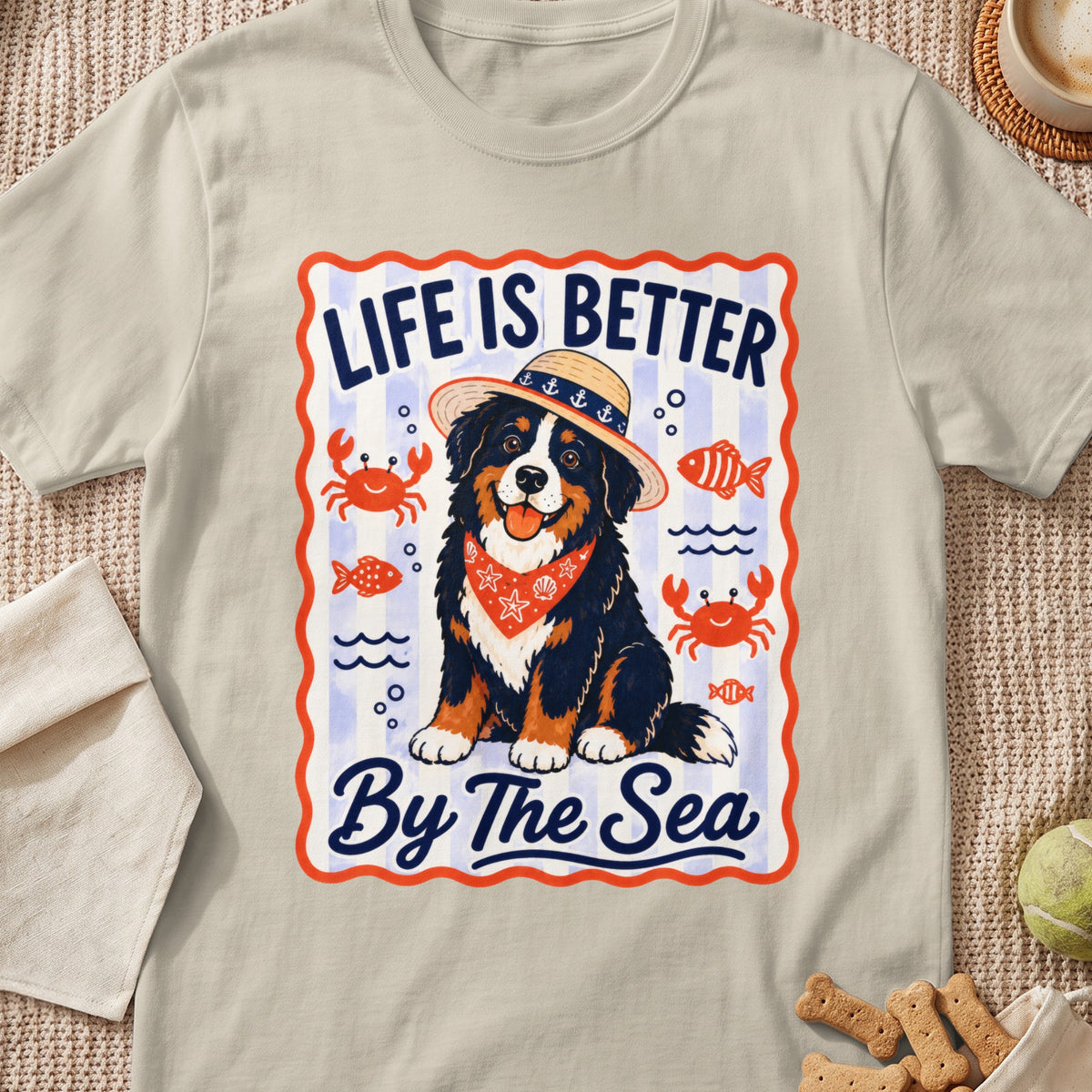 Bernese Mountain Dog wearing a straw hat and bandana with text "Life Is Better By The Sea".