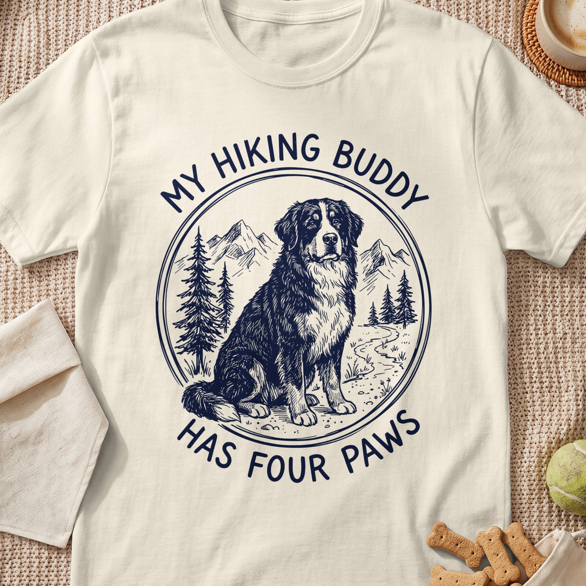 Bernese mountain dog sitting in mountain landscape with text "MY HIKING BUDDY HAS FOUR PAWS".