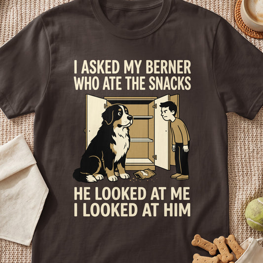 Bernese Mountain Dog and boy by an open cabinet with text about snacks.