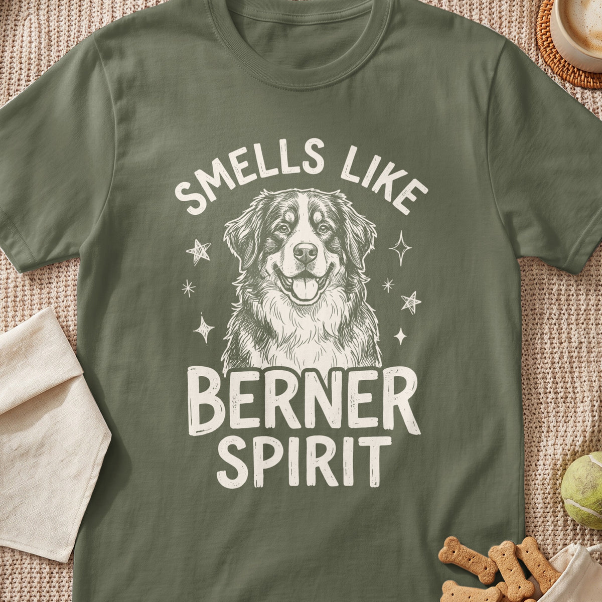 Green t-shirt with sketch of Bernese Mountain Dog and text "SMELLS LIKE BERNER SPIRIT".