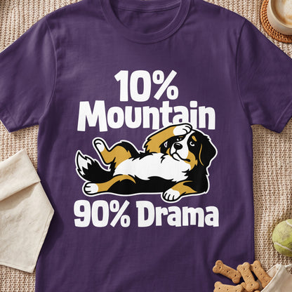 Purple t-shirt with a Bernese Mountain Dog graphic and text "10% Mountain 90% Drama".